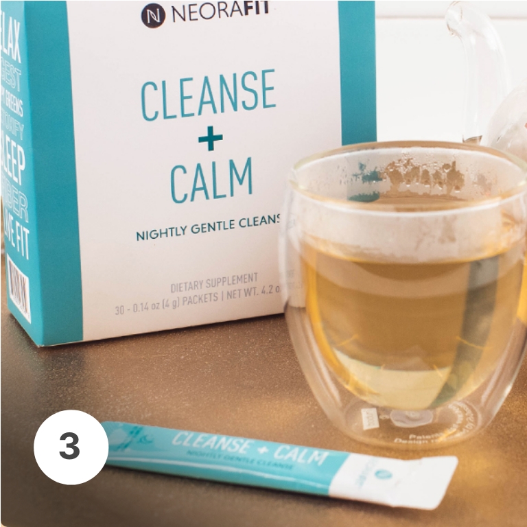 Image of NeoraFit Cleanse + Calm sachet and box next to a cup of tea 